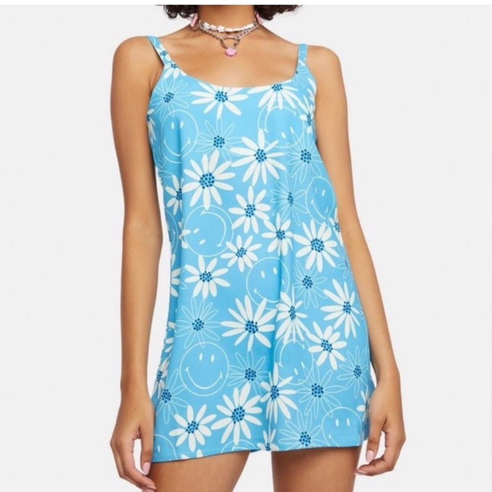 BSR By Samii Ryan Sky Blue Smiley Daisy Floral Print Spaghetti Strap Mini Dress